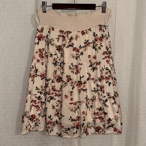 TEMT 6 High Waist Cotton Blend Floral Ivory Pink Green Tiered A Line Skirt
